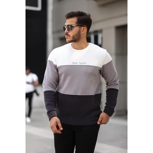 Beyaz Gri Siyah Üç Renk Blok Parçalı Sıfır Yaka Üç iplik Regular Fit Sweatshirt- 2436