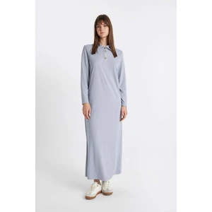 Regular Fit Düğmeli Polo Yaka Basic Düz Uzun Kollu Pike Maxi Elbise D1404AX24AU
