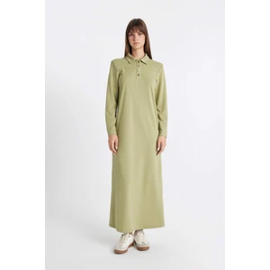 Regular Fit Polo Yaka Uzun Kollu Pike Maxi Basic Düz Elbise D1404AX24AU