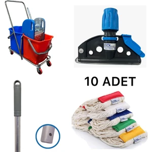 MCK Plus Çift Kovalı Paspas Arabası Krom Gövdeli Çelik Presli Temizlik Arabasıseti Islak Mop Seti 10 Adet