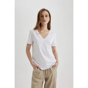 Regular Fit V Yaka Basic Düz %100 Pamuk Kısa Kollu Tişört W9578AZ24SM