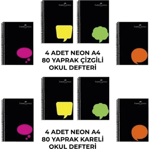 Spiralli Plastik Kapak Neon 80 Yaprak 8'li Defter Seti (4 Adet Çizgili - 4 Adet Kareli)