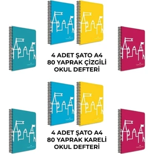 Spiralli Plastik Kapak Şato 80 Yaprak 8'li Defter Seti (4 Adet Çizgili - 4 Adet Kareli)