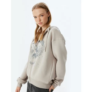 Oversize Fermuarlı Sweatshirt Kapüşonlu Cep Detaylı Baskılı
