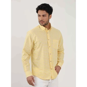 Sarı Erkek Regular Fit Kareli Brent Düğmeli Yaka Uzun Kol Gömlek - 102349