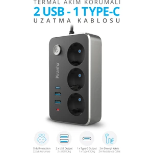 45650 Akım Korumalı / 2 x USB - 1 x Type-C Girişli / 3'lü Priz Uzatma Kablosu