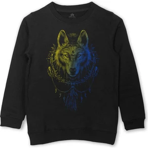 So Cool Bozkurt Kurt Kafası Wolf Sarı Lacivert Baskılı Çocuk Sweatshirt Siyah Sweat