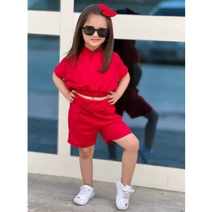 Renkli Diyar Kız Çocuk Alt Üst Takım Kısa Kollu Kapüşonlu Crop ve Şort Ikili Yazlık Takım Kreş Anaokul Ilkokul