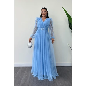 Tül Kumaş Kruvaze Yaka Maxi Elbise - Bebe Mavisi