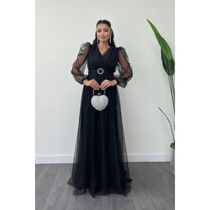 Tül Kumaş Kruvaze Yaka Maxi Elbise - Siyah