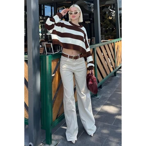 Kahverengi Bisiklet Yaka Çizgili Triko Kadın Kazak MG2167