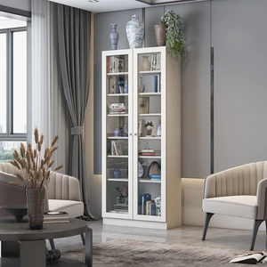 BFE-211 Beyaz 2 Kapaklı Temperli Camlı Yüksek Büfe –  Melamin Kaplı Yonga Levha, Modern Dikdörtgen Form