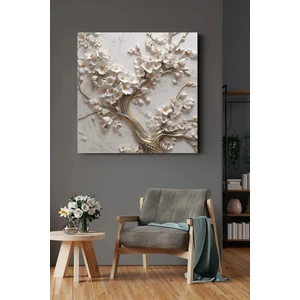 Özel Tasarım Beyaz Çiçekli Ağaç Hd  Kanvas Tablo Ev,Ofis Şıklık Katın