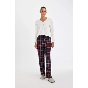 Fall in Love Pijama Takım V Yaka Uzun Kollu Basic Düz Üst Kareli Beli Lastikli Alt D4601AX24AU