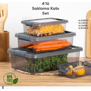 466 4'lü Çok Amaçlı Dikdörtgen Sızdırmaz Kapaklı Gıda Erzak Saklama Kabı Seti Gri