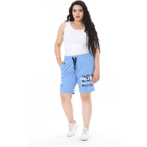 Kadın Büyük Beden Mavi Beli Lastik ve Bağcıklı Baskı ve Cep Detaylı Şort 65N38129