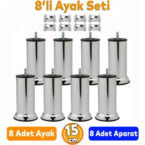 Mobilya Kanepe Baza Koltuk Çekyat  İnce Diş M8 Yükseltme Ayağı Ayakları 15 Cm Krom Metal Aparatlı 8'li Set