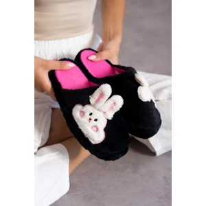Kadın Tavşan Figürlü Sessiz Taban Peluş Pofuduk Ev Terliği Çeyiz Terliği
