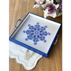 Queen Blue Flor Ahşap Kare Tepsi