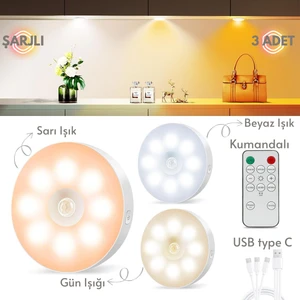 Şarj Edilebilir Kumandalı 3'lü Spot LED Işık Lamba Hareket Sensörlü 3 Renkli Yanabilme