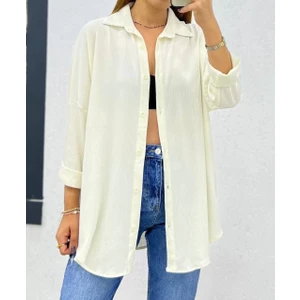 T Guel Kadın Ekru Rahat Kalıp Bürümcük Kumaş Gömlek