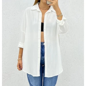 T Guel Kadın Beyaz Rahat Kalıp Bürümcük Kumaş Gömlek