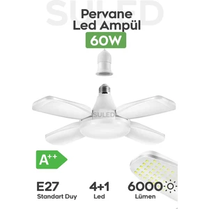 Pervane LED Ampül 60W 6000 Lümen Süper Güçlü E27 Lamba A++ Beyaz Işık 4+1