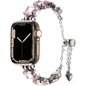 Apple Watch Uyumlu 44MM KRD-115 Renkli Taş Tasarımlı Kordon-Rose Pembe