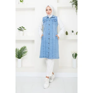 Pamuk Butik Kadın Mavi Denim Tam Boy Kot Yelek