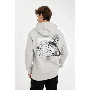 Erkek Açık Gri Star Wars-Mandalorian Regular Fit Kapüşonlu Sırt Baskılı Sweatshirt C6525AX24AU