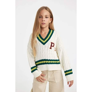 Kız Çocuk Okul Standart Fit V Yaka Triko Kazak