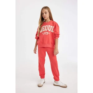 Kız Çocuk 2'li Takım Baskılı Bisiklet Yaka Sweatshirt Üst Beli Lastikli Jogger Eşofman Altı C8322A824AU