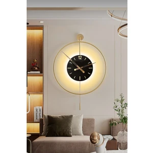 MetaQuartz Aksesuar(Büyük Boy - 50*75 cm)Metal Timelles Gold (Pilli LED ) Siyah Göbek  - (Quartz Mekanizmalı) Modern Metal Duvar Sa