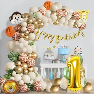 Yaş Folyo Balonlu Safari Desenli Doğum Günü Parti Seti Süsü