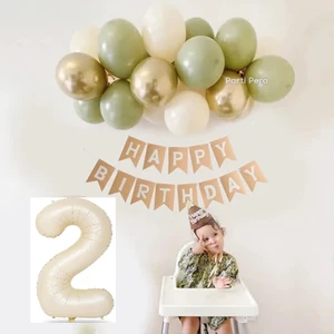 Balon Diyarı Yaş Günü Seti Küf Yeşili Deniz Kumu Krom Gold Pastel Balon Bej Krem Rakam Folyo Balon Zinciri Seti