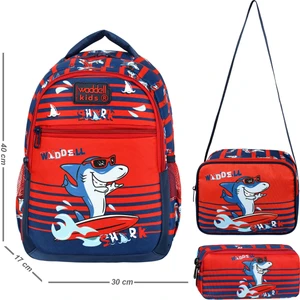 Waddell Lisanslı Lacivert-Kırmızı Köpekbalığı Desenli Ilköğretim Sırt Çanatası,beslenme Çantası ve Kalemlik 3lu set
