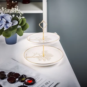 Autumn Hayata Ağacı Desenli Gold Kaplama Detaylı Porselen 2 Katlı Pasta Kurabiyelik Servislik