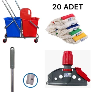 MCK Plus Plastik Presli 20 Lİ Mop Setli Çift Kovalı Temizlik Arabası Paspas Arabası Kat Arabası Mop Setli