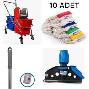 MCK Plus Krom Çift Kovalı Paspas Arabası,Temizlik Arabası Plastik Presli 10 Adet Mop Setli