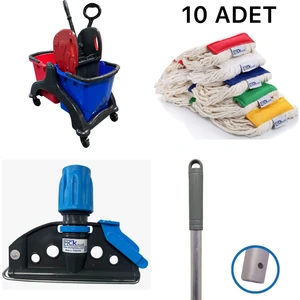 MCK Plus Çift Kovalı Plastik Temizlik Arabası Paspas Arabası Islak Mop Seti 10 Adet Mop