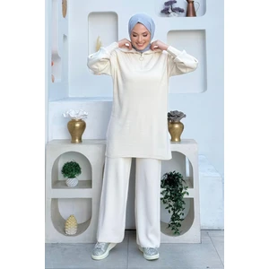 Bym Fashion Yakası Fermuarlı Tunik ve Pantolon Ikili Triko Takım 2-1535 Taş