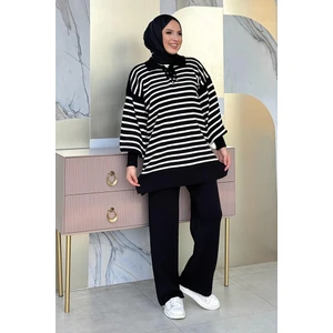 Bym Fashion Yaka Bağlama Detaylı Tunik ve Pantolon Ikili Triko Takım 2-1515 Siyah
