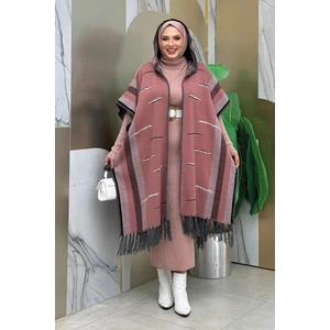 Bym Fashion Kapişonlu Püskül Detaylı Triko Panço 1606 Gül Kurusu