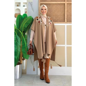 Bym Fashion Önü Tek Düğmeli Omuz Işleme Detaylı Triko Panço 12031 Vizon