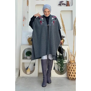 Bym Fashion Önü Tek Düğmeli Omuz Işleme Detaylı Triko Panço 12031 Füme