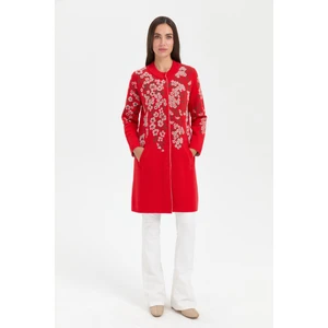 Kadın Dik Yaka Çiçekli Uzun Yün Kaban Mercan