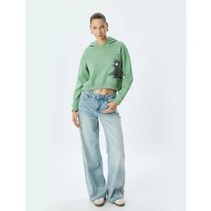 Crop Oversize Sweatshirt Kapüşonlu Kedi Baskılı Şardonlu