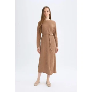 Regular Fit Bürümcük Uzun Kollu Bağcıklı Midi Elbise D5024AX24AU