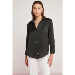 Yvonne Kadın Saten Kumaşlı Regular Fit Uzun Kollu Siyah Gömlek