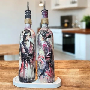 Mes Reves Design El Yapımı Japon Kadın Desenli Renkli 750 ml Zeytinyağı Sıvıyağ Şişesi Yağdanlık Yağlık 2'li Set